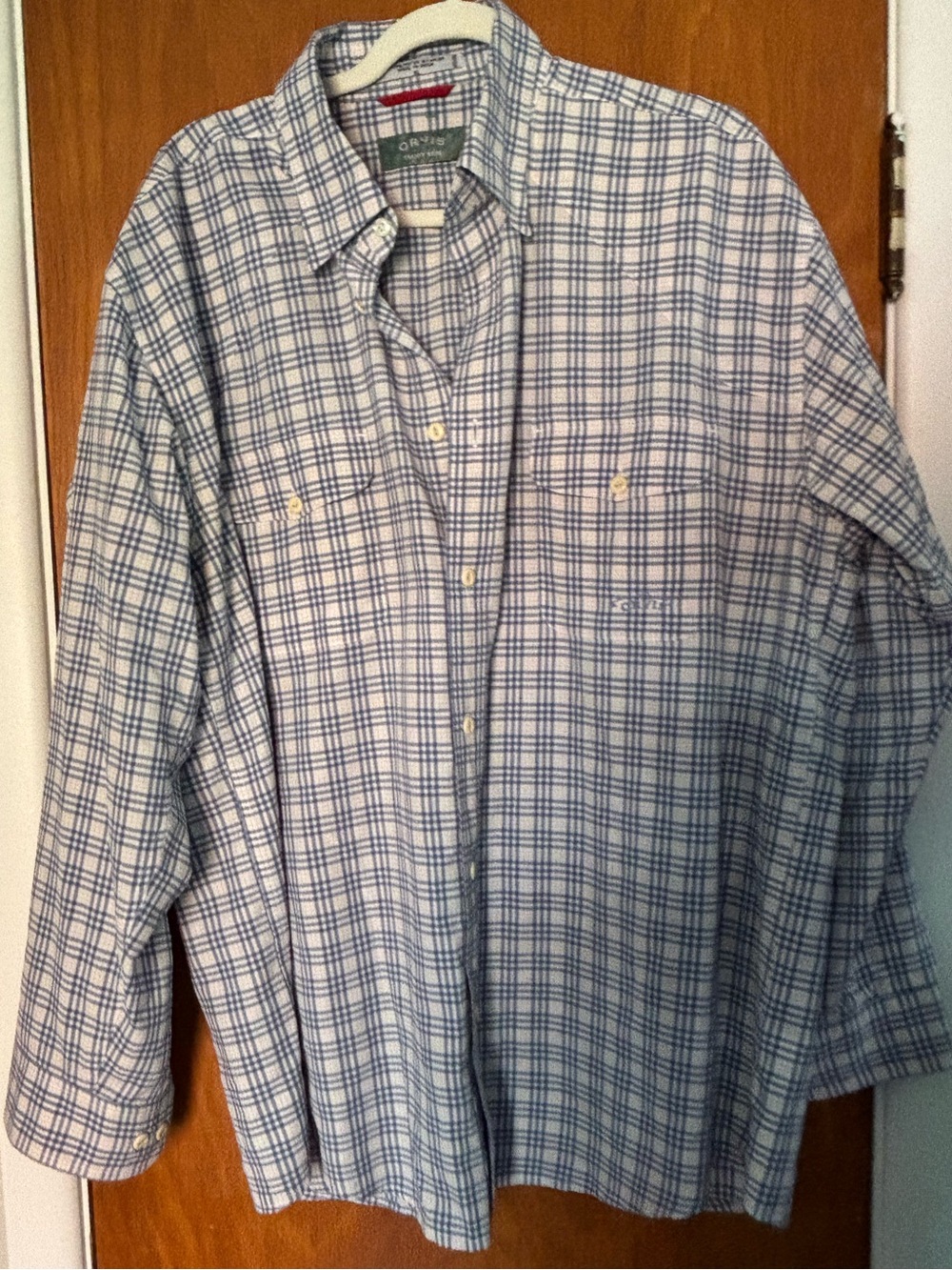 Orvis White and Blue Plaid Long-Sleeve Button-Down Shirt